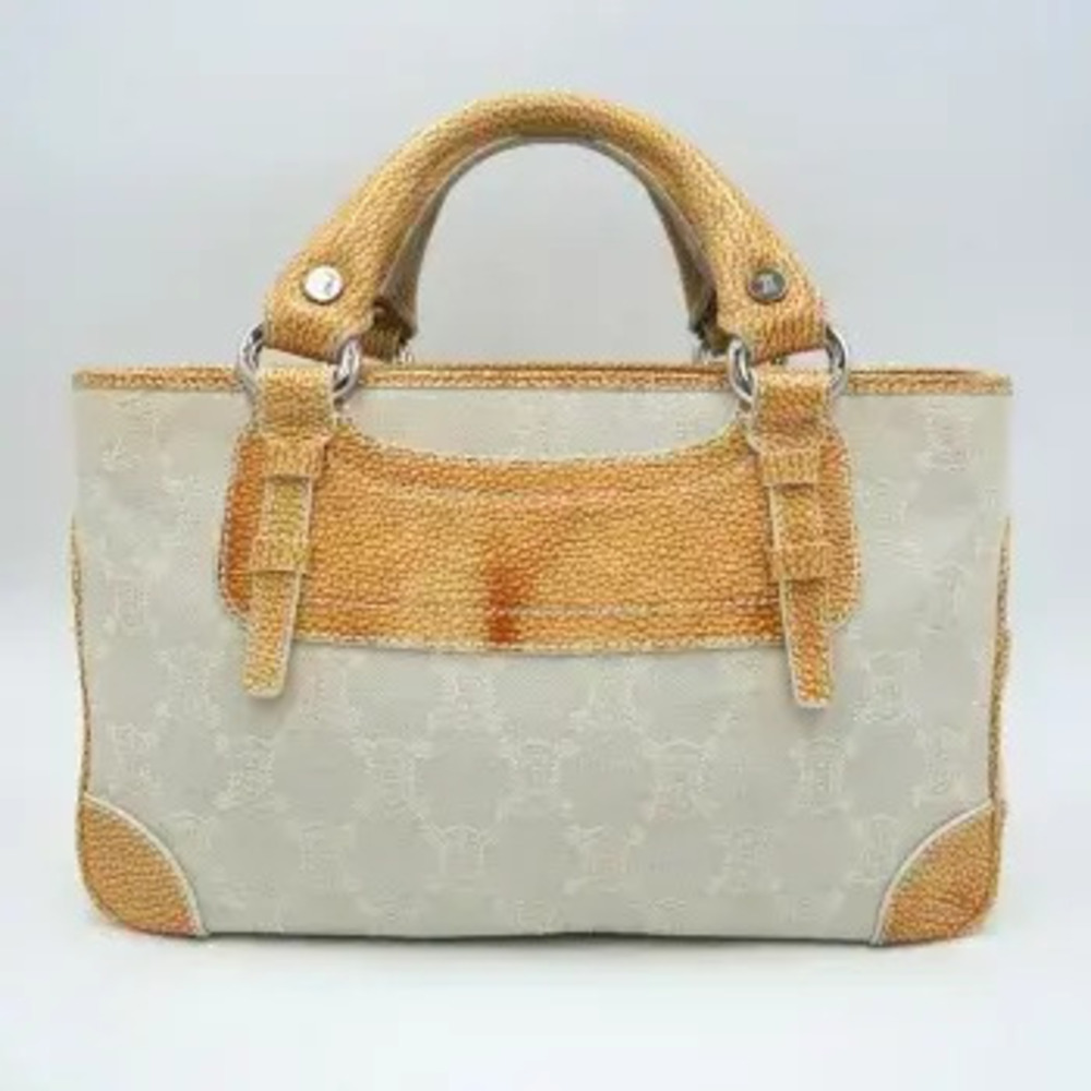 Celine Boogie Bag Handbag Triomphe Ivory Jacquard Leather White Orange